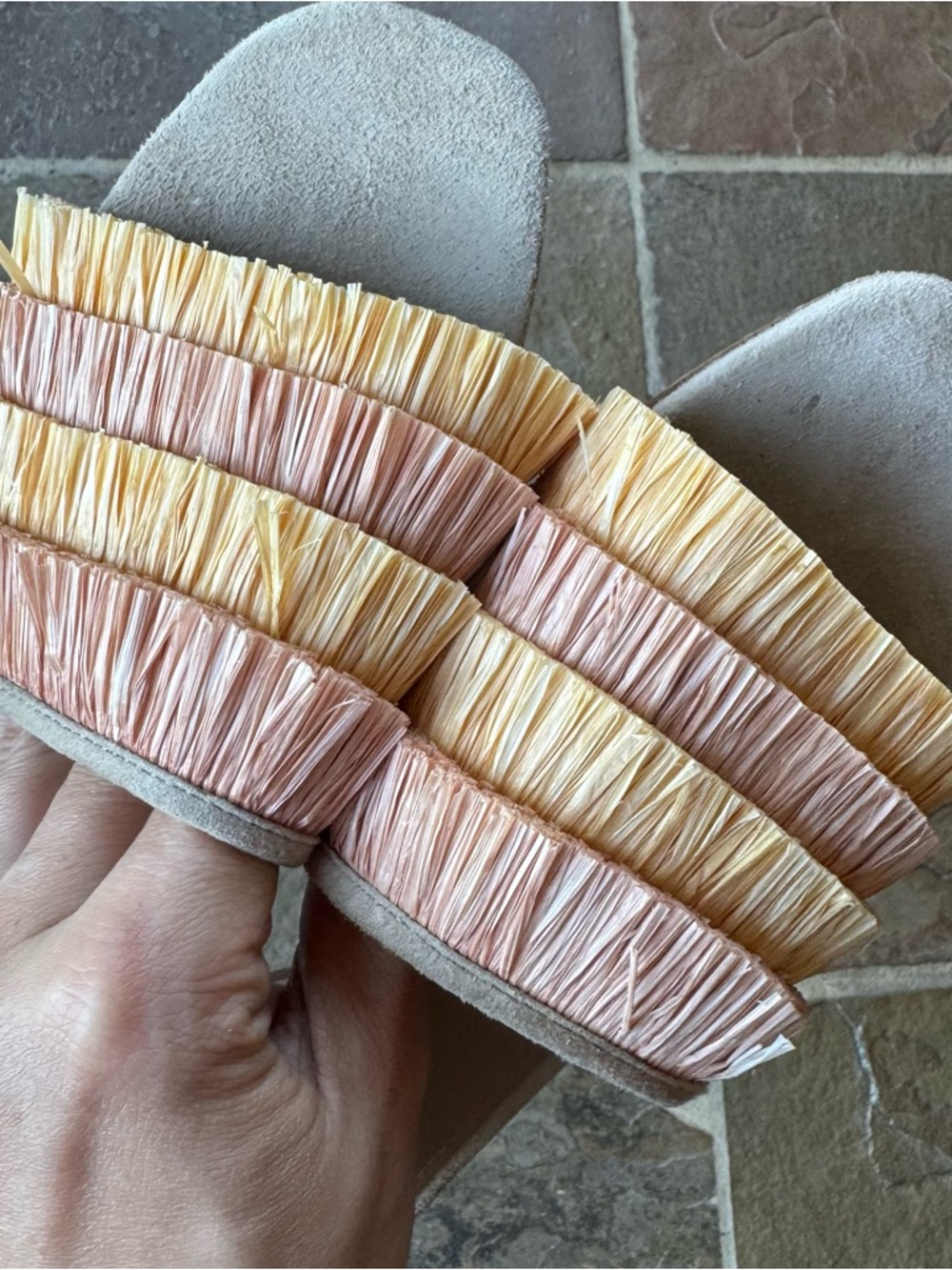 Donald J. Pliner Beige Reise Slide Mules with Pink and Yellow Raffia Fringe sz 8 - Picture 6 of 7